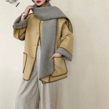 双色两面穿围巾款圆领落肩袖单排多扣中长款双面羊毛大衣女秋冬