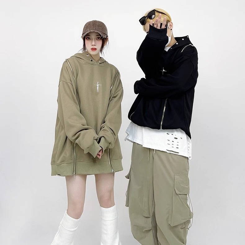 美式复古双拉链连帽卫衣男女秋冬季设计感小众高级感帽衫外套男女