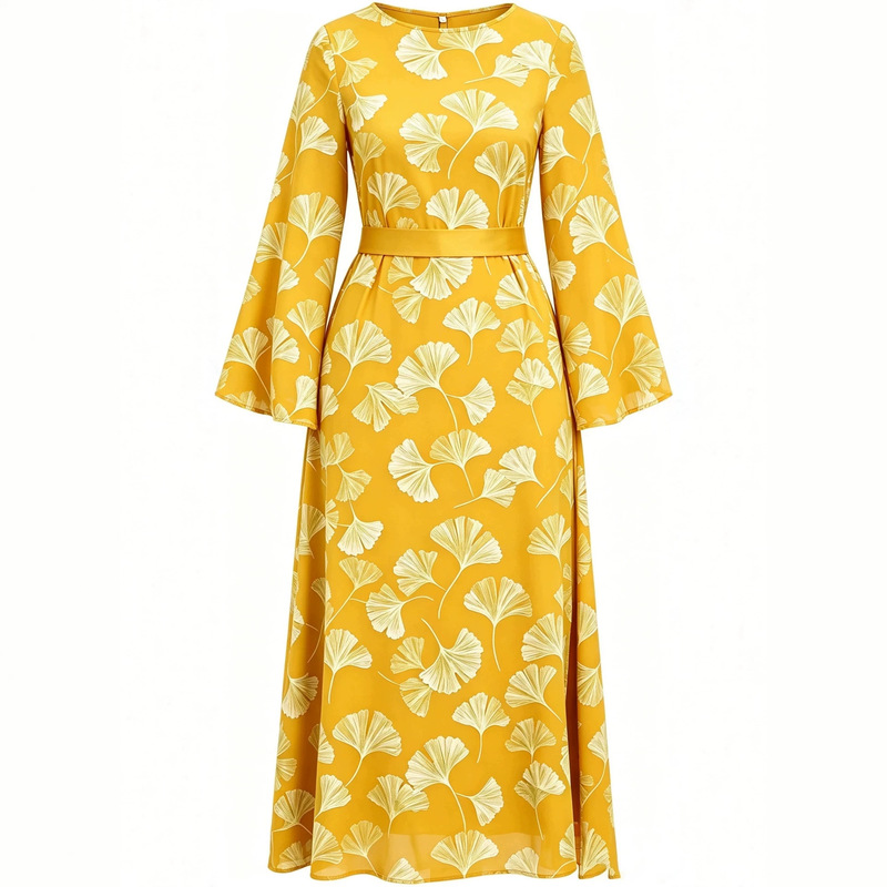 Forest Green Ginkgo Leaf Flared Sleeve Dress with Tie Waist and Side Satin Trim, Long Vacation Dress