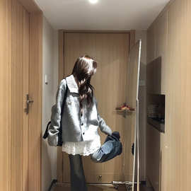巨好看的早秋一整套大码胖mm针织开衫蕾丝内搭牛仔裤松弛感三件套