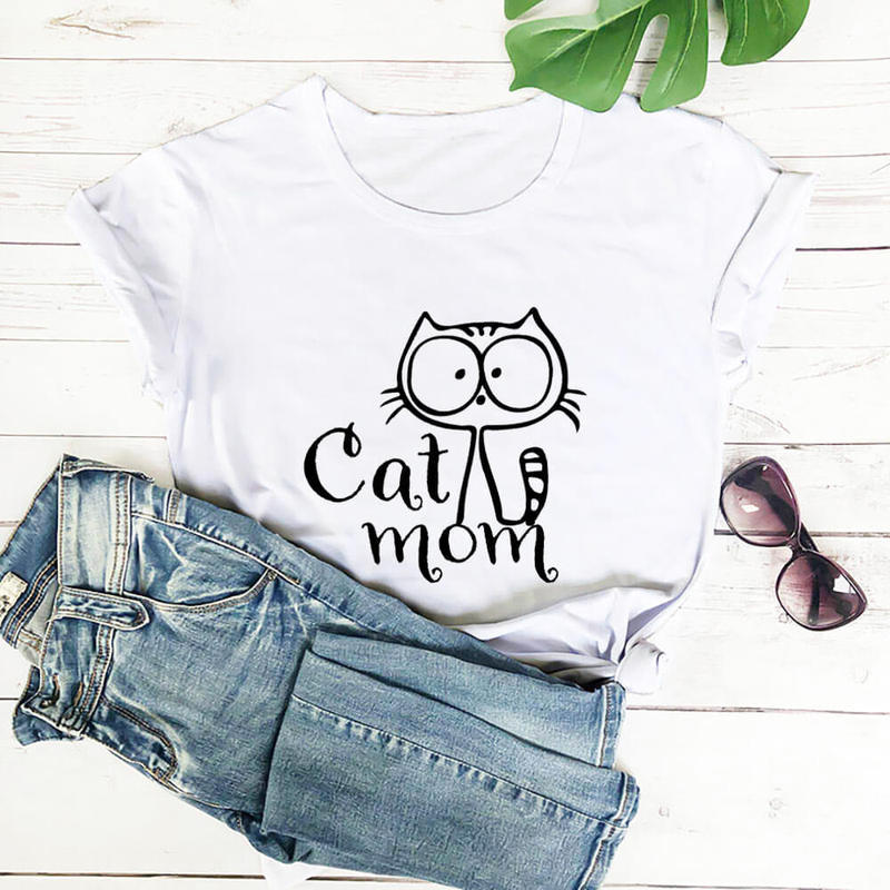 Independent station cat mom letter cat mother print mother's day Europe and the United States cross-border foreign trade loose short sleeve T-shirt women