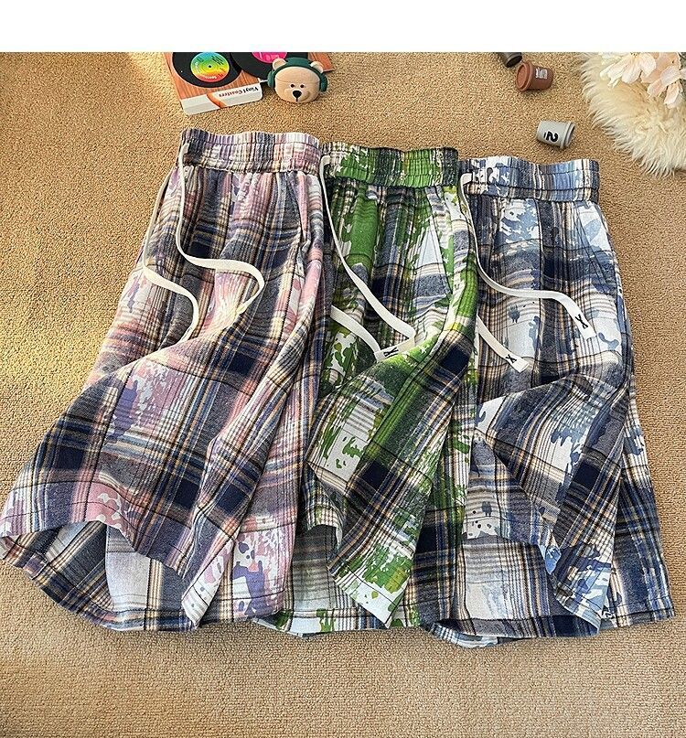 Men's And Women's Tie Dye Plaid High Waist Street Style Shorts Casual Retro Straight Five Point Beach Outerwear_viptrois.com