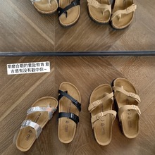 【葡萄妈同款】加州街头~全牛皮套趾软木厚底沙滩勃肯拖鞋女