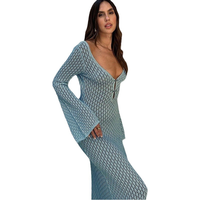 2025 European and American Cross-Border New Sexy Cut Out Knitted Long-Sleeved Beach Skirt Bikini Swimsuit Cover-Up Sun Protection Clothing for Women