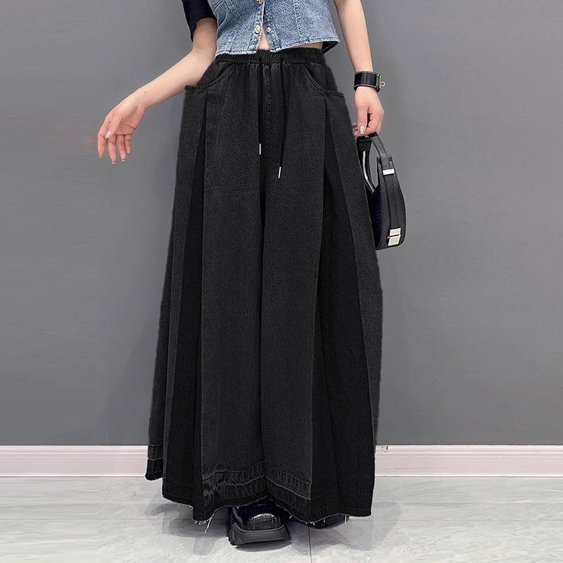 Calle americana plisado lavado contraste color jeans mujeres otoño nueva moda suelta estilo occidental casual pantalones de pierna ancha