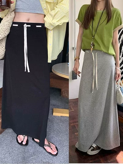 Maternity loose-fitting drawstring midi skirt, summer thin style, fashionable, loose, mid-length, drapey, slimming A-line skirt