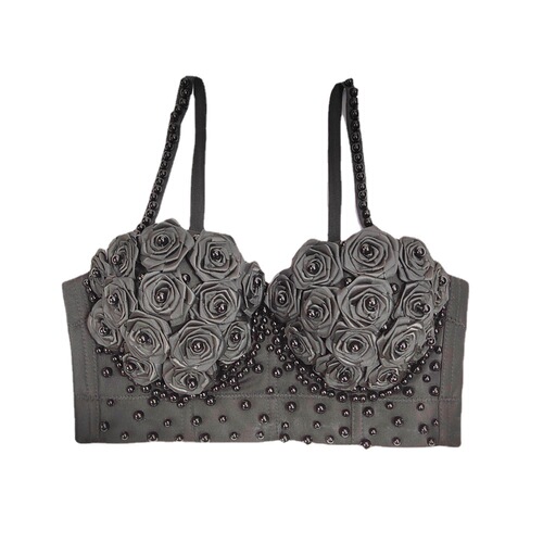 Xiyin's same three-dimensional rose flower pearl fishbone bra waist-length short body shaping push-up vest bra for women