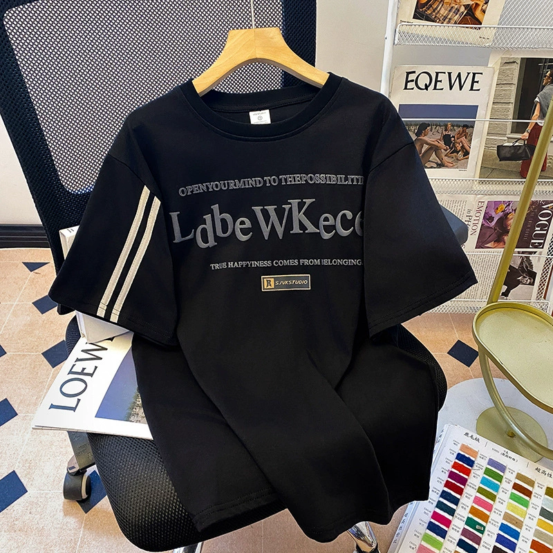 Настоящая футболка из чистого хлопка с короткими рукавами весом 220 г, лето 2025, новый модный свободный топ средней длины с круглым вырезом и принтом, женская одежда в корейском стиле