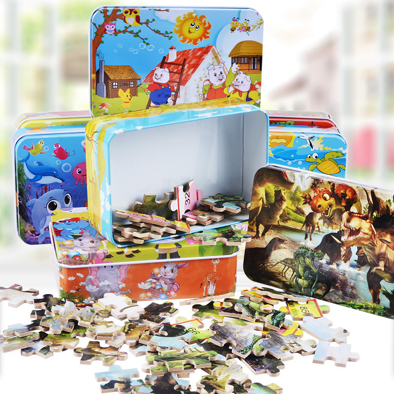 Transfronterizo 100 piezas de caja de hierro puzzle infantil educación temprana rompecabezas dibujos animados de madera agencia de educación plana al por mayor