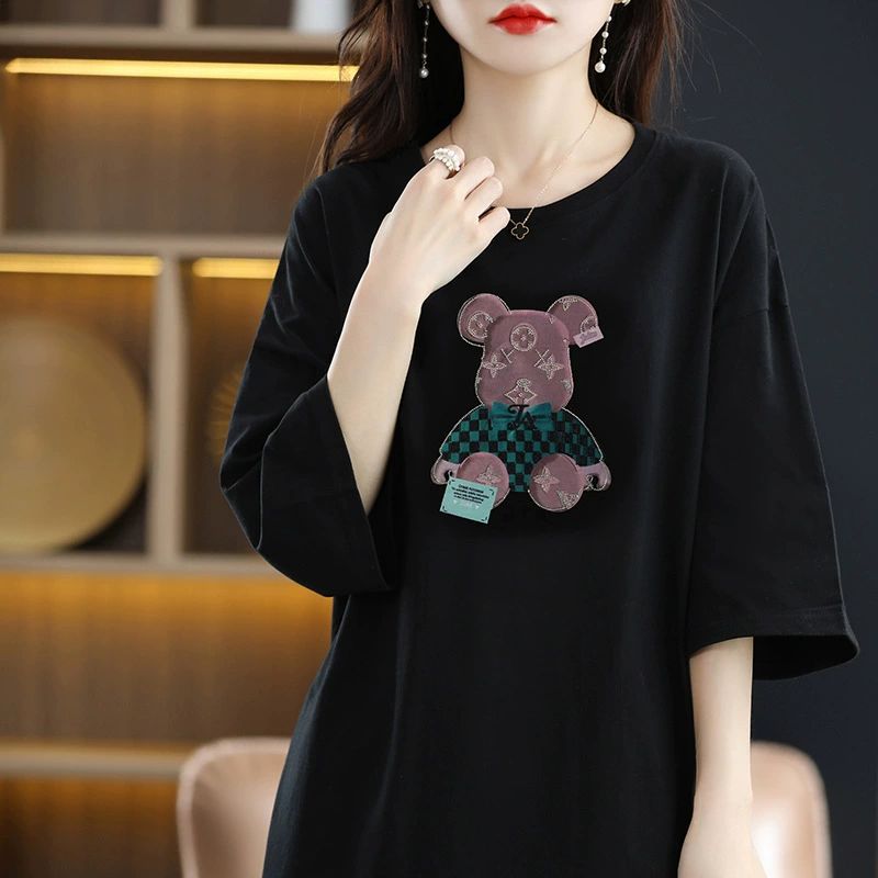 Весенняя и летняя новая хлопчатобумажная футболка женская длинная футболка с короткими рукавами сплошным круглым вырезом