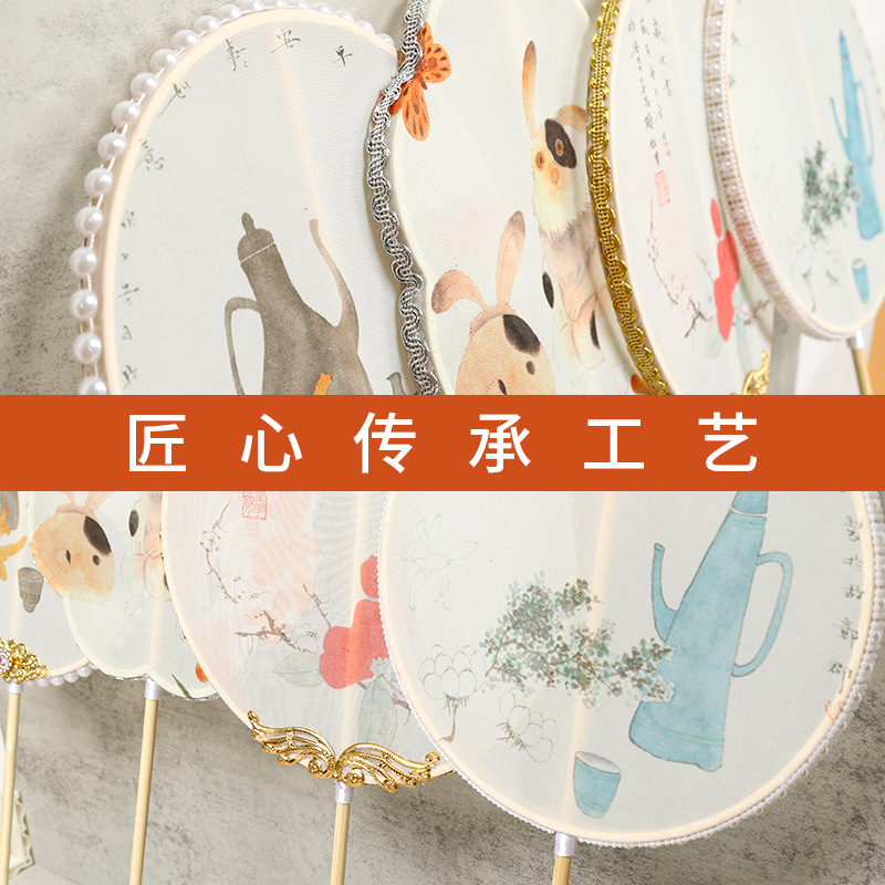 Ventilador de la cintura estilo antiguo hanfu ventilador de impresión al por mayor cheongsam ventilador de la cintura mango largo borla rizado ventilador colgante mango largo ventilador de bambú púrpura