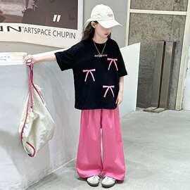 女童夏季新款短袖长裤舒适透气蝴蝶结套装洋气时髦休闲百搭两件套