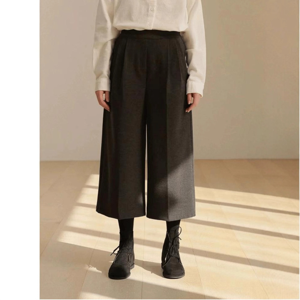 秋冬新款松紧腰呢子裙裤宽松阔腿裤羊毛九分裤毛呢裤子加厚显瘦型