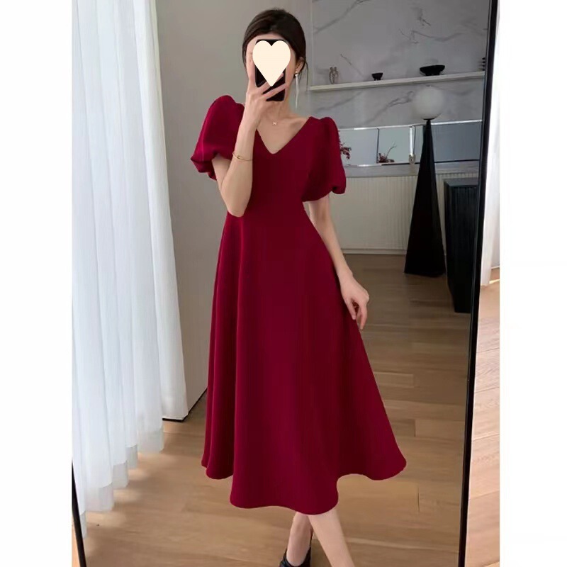 Plus Size Fat Girl French V Neck Hepburn Style Burgundy Skirt Women's Summer Puff Sleeves Slimming Look Belly-Covering Long Skirt Plus Size Fat Girl French V Neck Hepburn Style Burgundy Skirt Women's Summer Puff Sleeves Slimming Look Belly-Covering Long Skirt