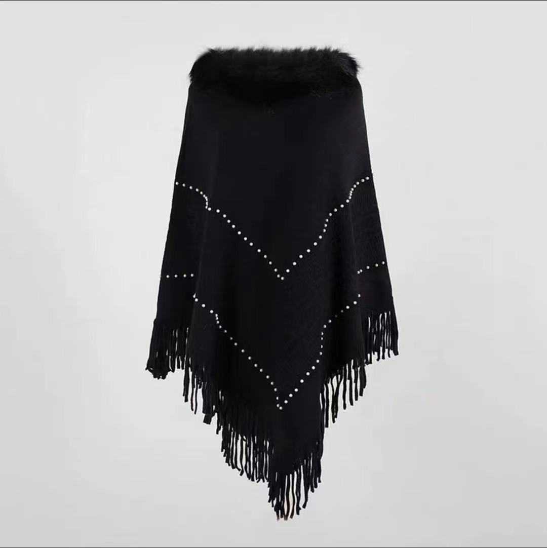 Pull en tricot à franges pour femme, châle, cape, col en fourrure_voghion.com