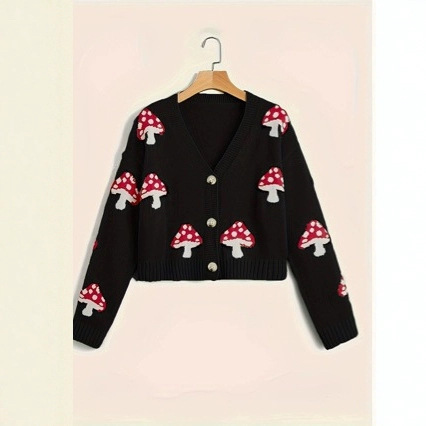 2024 New Mushroom Pattern Cute Button Cardigan Knitted Cardigan Loose Design Niche Sweater for Outer Wear