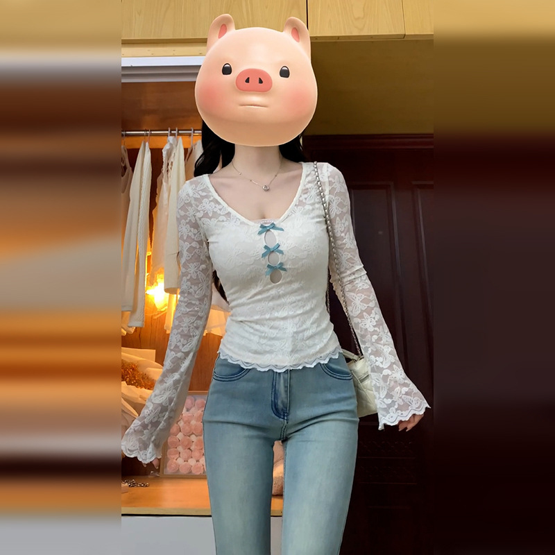 White Lace Bow Long-Sleeved Top for Women in Spring & Fall, High-Bottom Tube Top, Sexy Short Bottoming Shirt with T-Shirt Inside