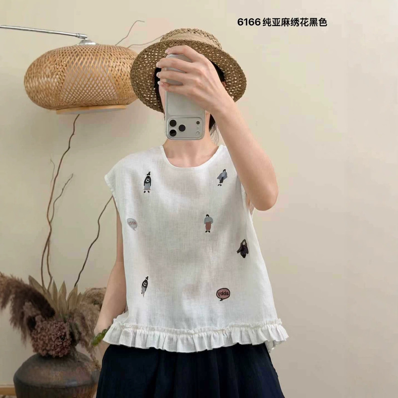 2026 Summer New Style Simple Embroidered Crochet Vintage Linen Shirt Loose Round Neck Pullover Top for Women 2026 Summer New Style Simple Embroidered Crochet Vintage Linen Shirt Loose Round Neck Pullover Top for Women