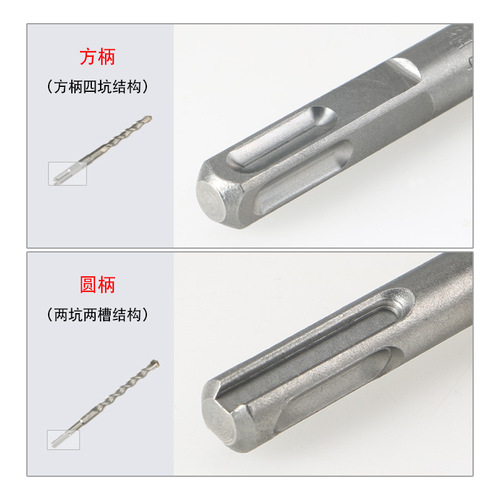 Extended impact electric hammer drill bit to penetrate the wall, two pits, two grooves, round handle, four pits, square handle, concrete cement wall drilling drill