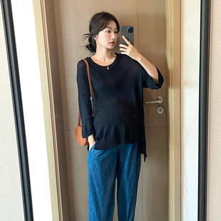 Summer New Maternity Wear Korean Style Thin Casual Hollow Loose Fashion Round Neck Pullover Short Sleeve Sweater Trendy Mom