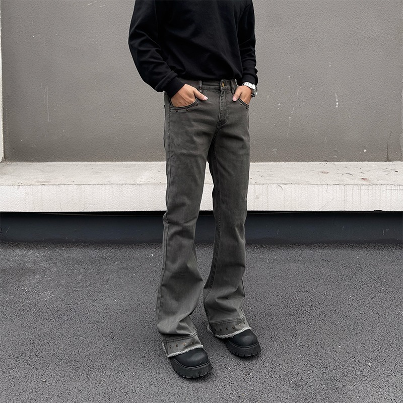 Retro Patchwork Streetwear Jeans Grey Black Men's Distressed Denim Button Fly Slight Flare_voghion.com