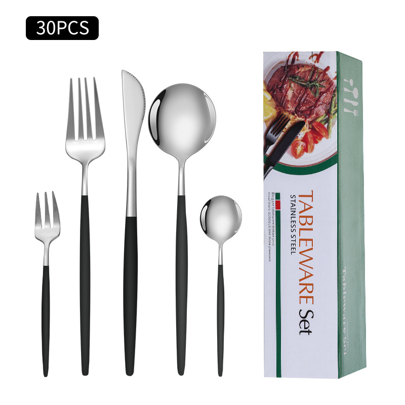 Cruz-Frontera de acero inoxidable vajilla portugués cuchillo y tenedor conjunto de 30 piezas de comida occidental cuchillo de filete de oro y cuchara de la caja de regalo