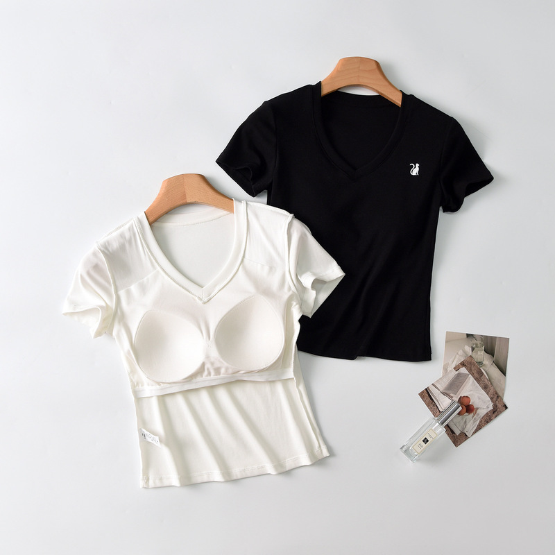 Lyocell Cotton V-Neck White Slim-Fit Short-Sleeve T-Shirt with Chest Pads for Women, New Summer Style, Embroidered Casual Versatile Regular Shoulder Top