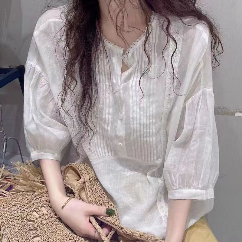 2026 New Summer Solid Color Lace Round Neck Slimming Versatile Single-Breasted Five-Quarter Sleeve Cotton Shirt for Women White 2026 New Summer Solid Color Lace Round Neck Slimming Versatile Single-Breasted Five-Quarter Sleeve Cotton Shirt for Women White