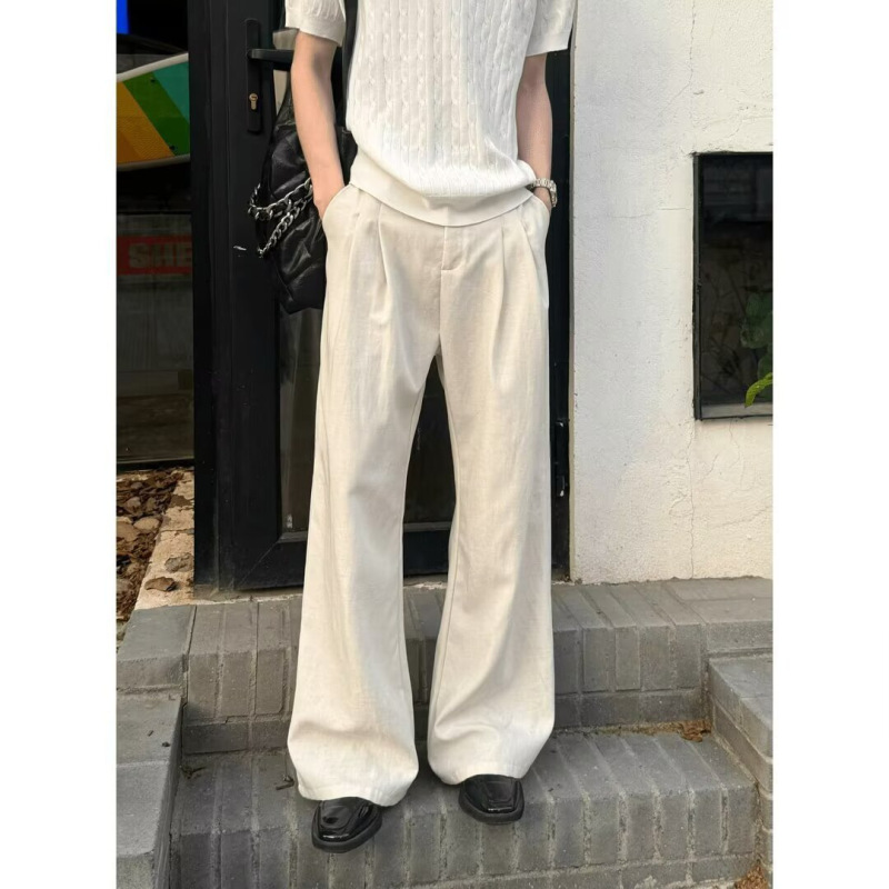 Tencel Linen Men's Trousers in Old Money Style with a High-End Feel, A-Line Design, Pleated Loose Wide-Leg Casual Long Pants