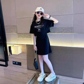 女童连衣裙夏季儿童韩版休闲A字裙女孩大童洋气短袖T恤裙黑色裙子