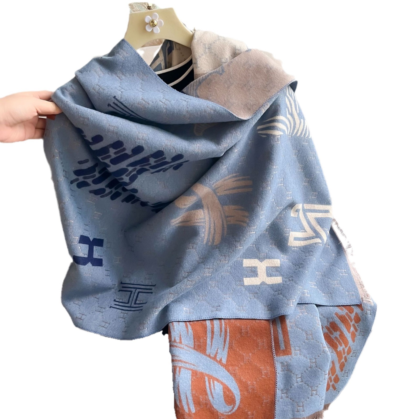 Europa y los Estados Unidos transfronterizos nuevos H marca de otoño y invierno caliente doble cuello bufandas de cashmere para mujeres sala de aire acondicionado doble uso chal