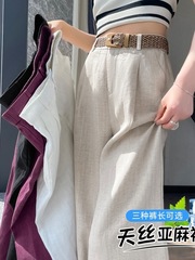 实拍2025夏季新款天丝亚麻阔腿裤人字纹冰丝高腰棉麻休闲裤女