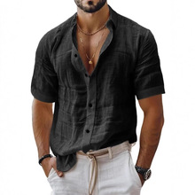 2025外贸欧美男装夏季新款男士翻领衬衫纯色短袖百搭休闲棉麻衬衣