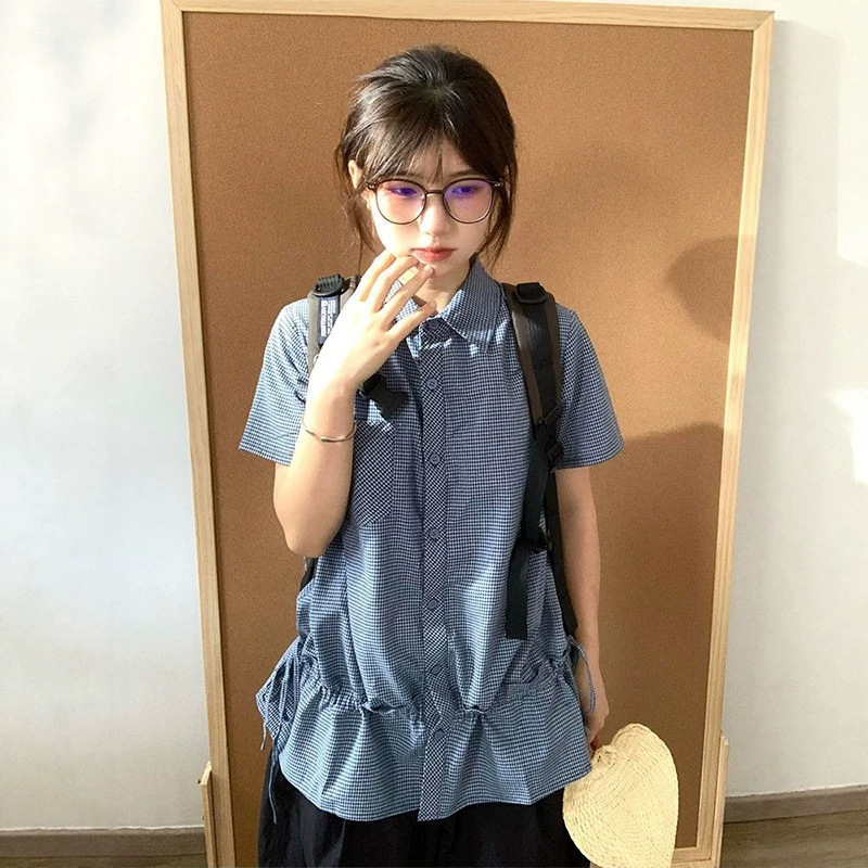 Blue Plaid Short-Sleeved Shirt for Women, Summer Drawstring Waist Lace Shirt Jacket, Loose Casual College Style Top