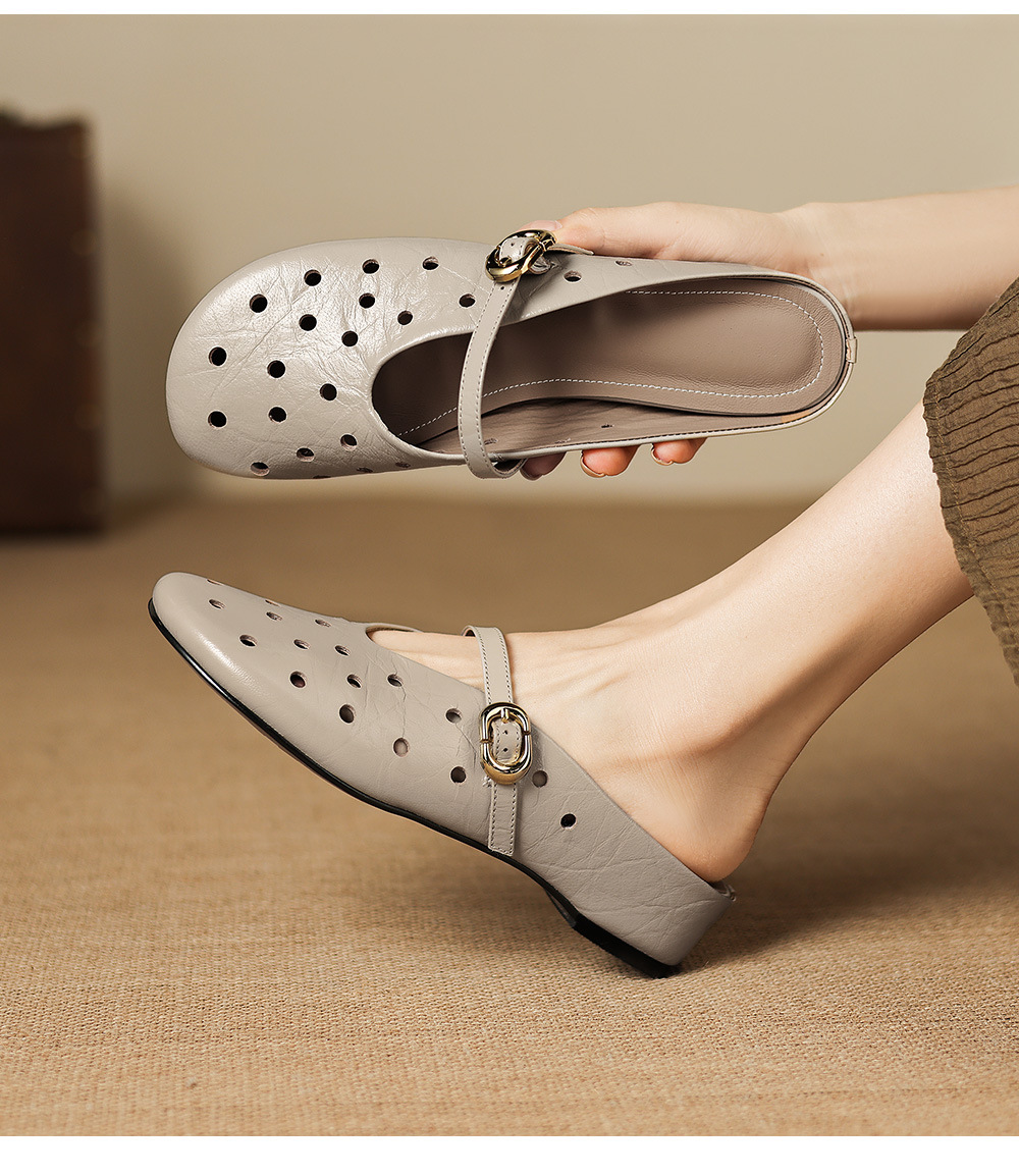 Sandal nữ da dê đục lỗ mũi trùm quai ngang hở gót — đen chi tiết 7
