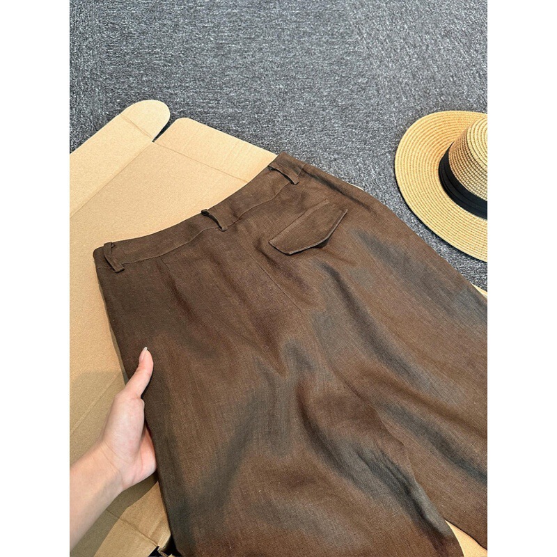 Chao Highly Recommended! Spring and Autumn Melad Coffee-Colored Linen Pants for Women, New Vintage Old Money Style, High-End Wide-Leg Pants