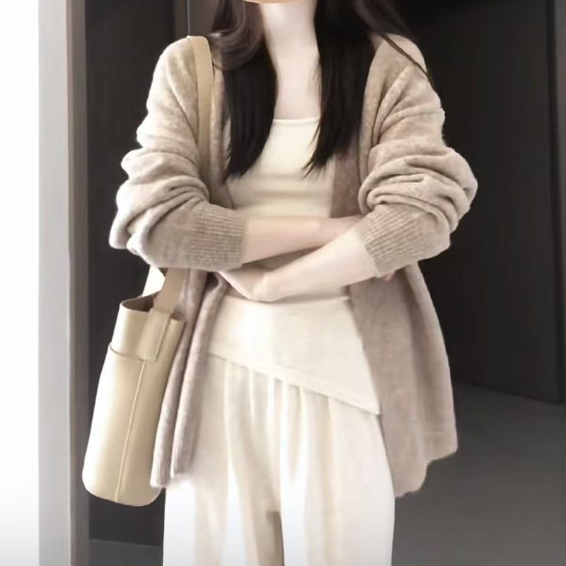 复古咖色宽松长袖毛衣女春季新款慵懒风外搭中长款小众针织开衫潮|undefined