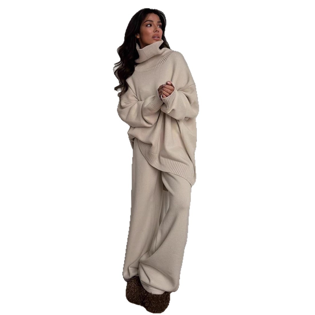 Completo composto da maglione oversize con collo alto e pantaloni larghi e fluidi - Completo due pezzi morbido da donna per autunno inverno in grigio, marrone e beige | S/M/L_voghion.com