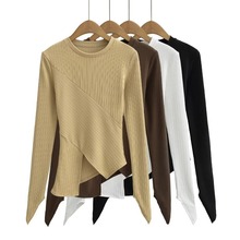 2024春季新款修身圆领不规则下摆长袖女士T恤拼接上衣批发