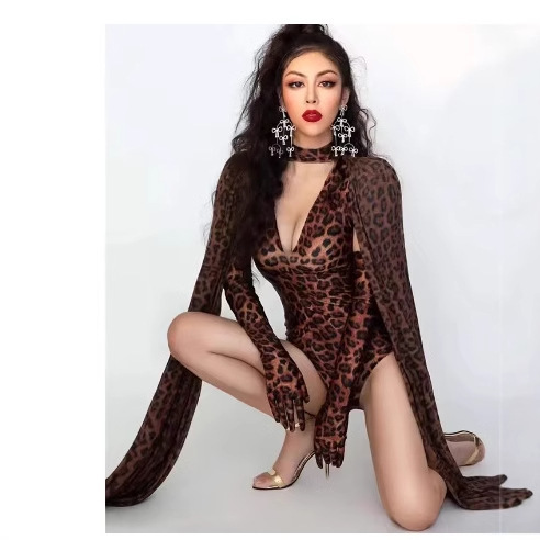 nightclub bar stage costume female photography performance guest leopard print cape one-part suit sexy DS female song costume