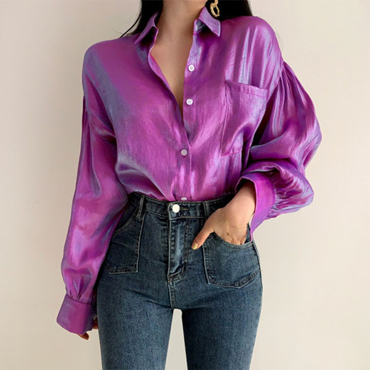 Button Purple Gray Lapel Pocket Lantern Sleeve Long-sleeved Shirt Women