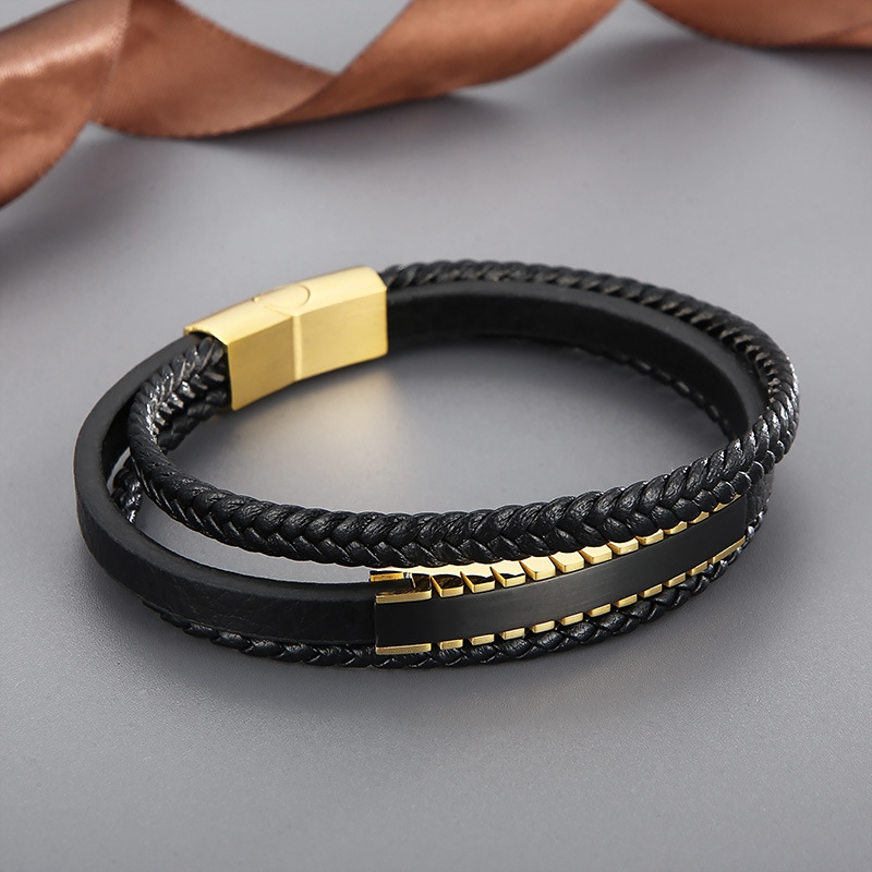 26g Weight Casual Simple Style Geometric Stainless Steel Cowhide Braid Men's Bangle Men Cord & Leather Bracelets