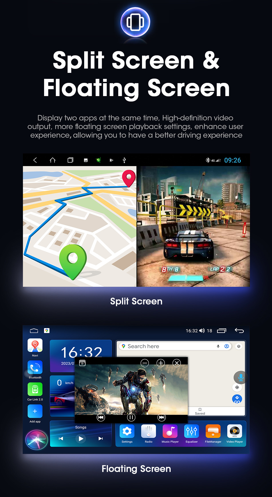 Source Factory 13inch Car Android Navigation Universal Device with 2K Large Screen Supports 360 Panoramic View and Wireless Carplay
