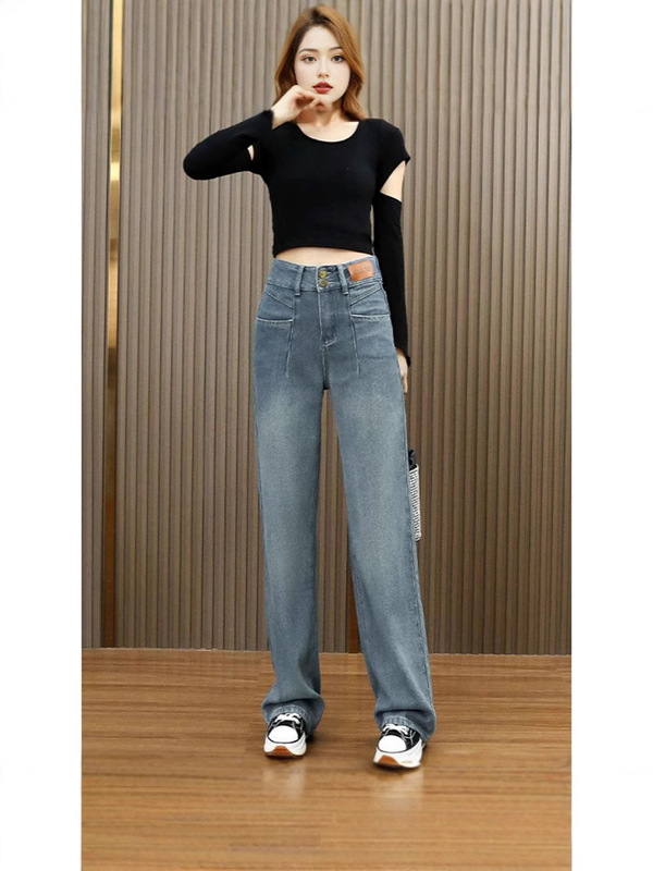女性用ハイウエストストレートワイドレッグジーンズ2025夏の新しいスタイル、ゆったりとスリムな洋ナシ型のボディデザイン|undefined