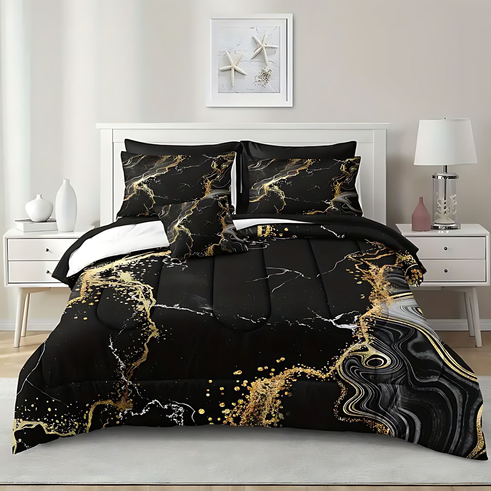 TEMU / JIT transfronterizo textil doméstico negro oro movimiento arena impresión digital 3D 180gms colcha colcha almohada set fuente fabricante