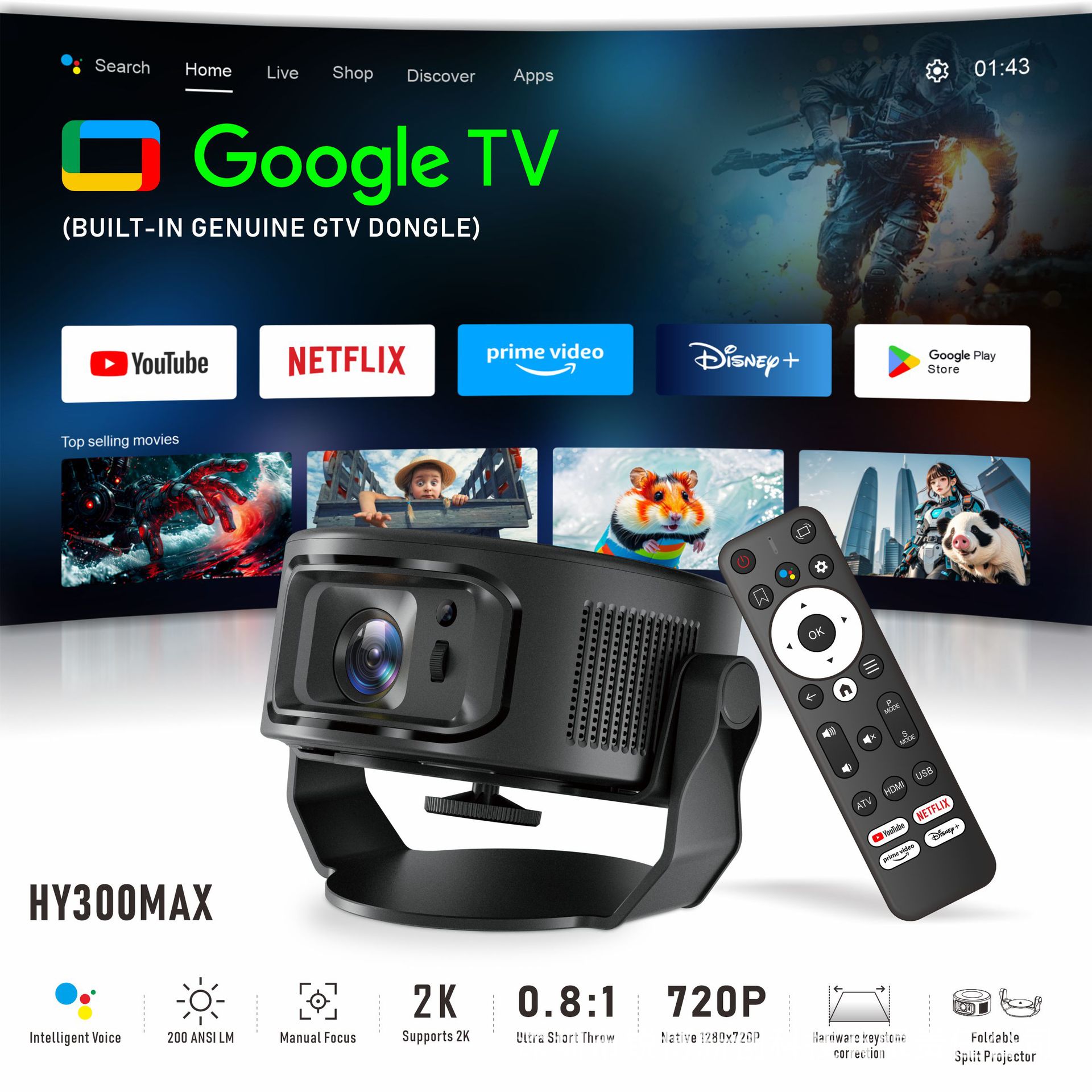 Cross-Border Hy300Max Network Projector Android System H726 Smart High-Definition Wireless Mobile Phone Screen Projection Projector