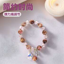 简约款木纹虎眼石女士串珠手饰 时尚水晶装饰弹力手链 单层可调节