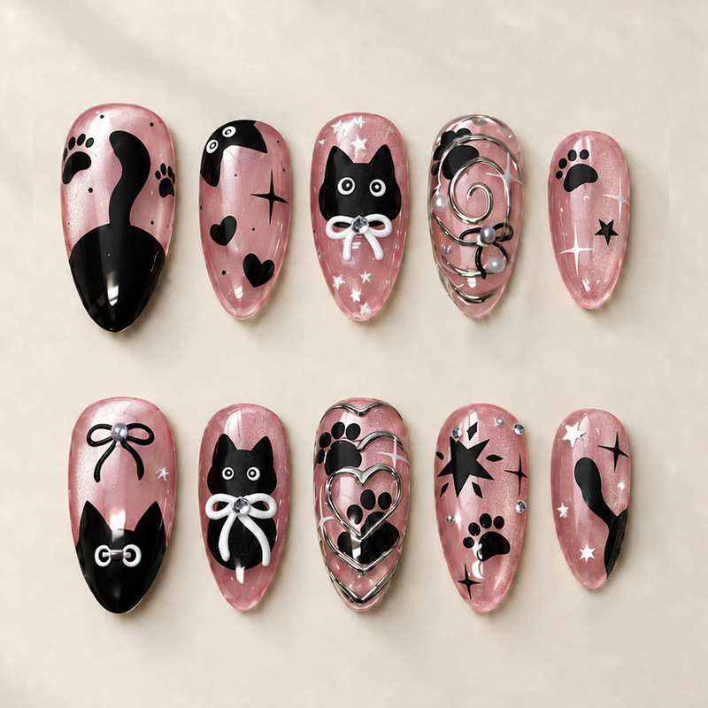30 pieces of European and American style press-on nails, boxed, almond-shaped, cat-eye design with diamond accents and silver swirls, pre-made nail tips for manicures 30 pieces of European and American style press-on nails, boxed, almond-shaped, cat-eye design with diamond accents and silver swirls, pre-made nail tips for manicures