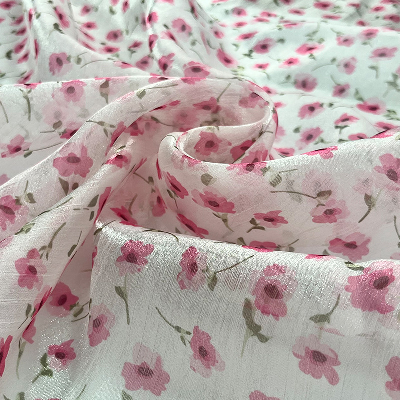Tela de organza arrugada de poliéster, tela de impresión de flor rosa, ropa de mujer de primavera y verano, tela de impresión de primavera y verano