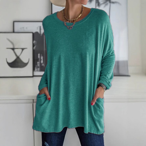 wish spring and summer new European and American round neck, long sleeves, loose pockets, pure color T-shirt, casual women's clothing